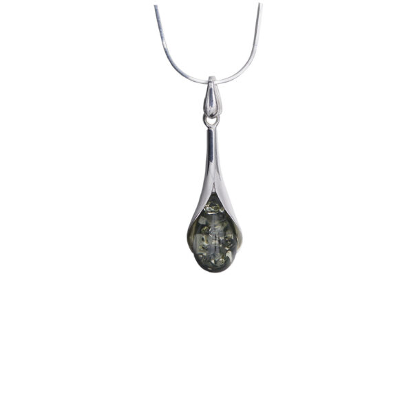 Silver teardrop necklace with green amber