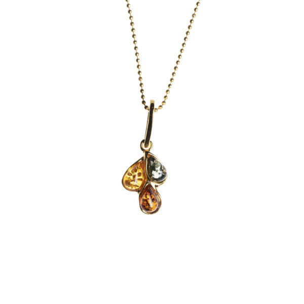 Gold plated necklace with green, yellow and cognac amber