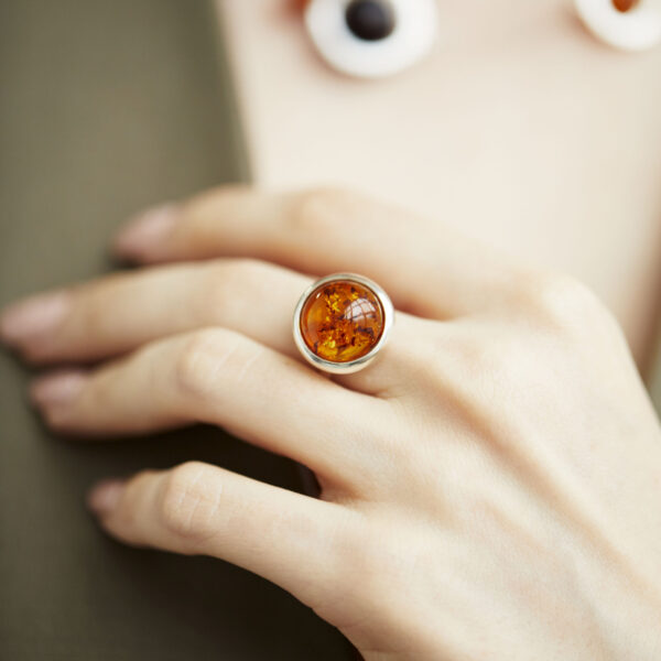 Luna silver ring with cognac amber