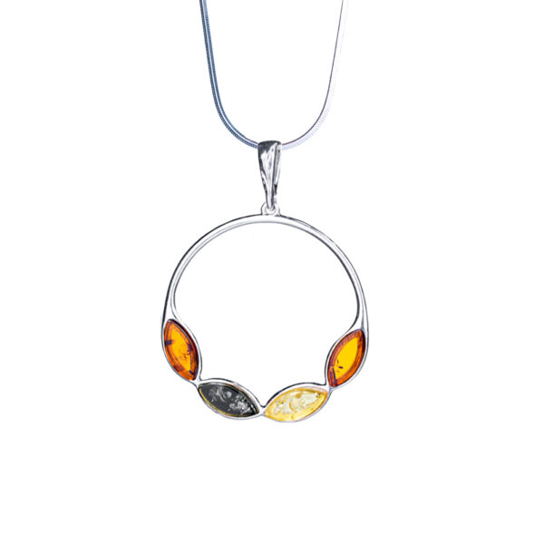 Silver necklace with multi-coloured amber
