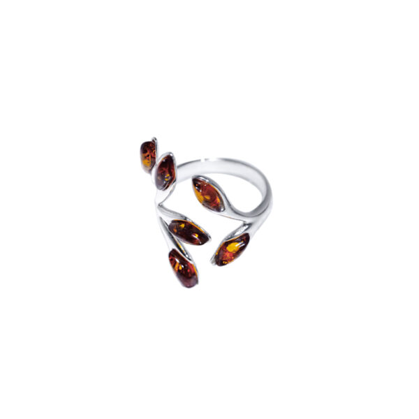 Leaf ring silver with cognac amber