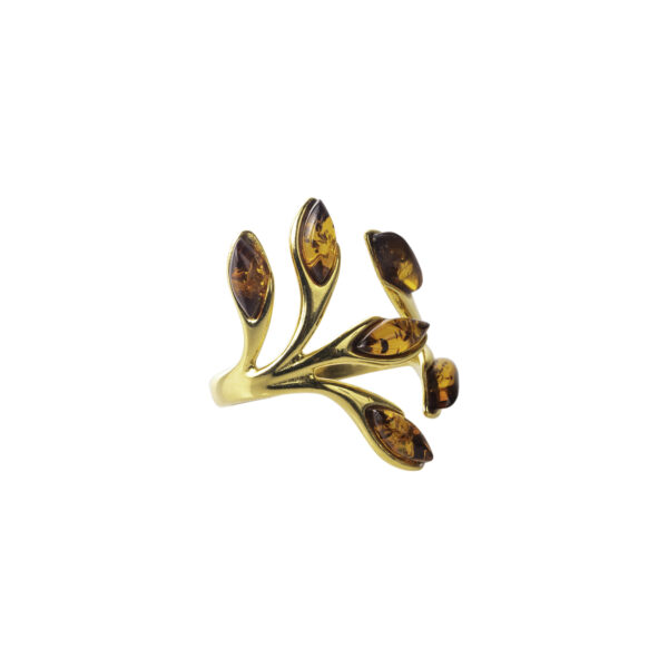 Leaf ring gold-plated with cognac amber